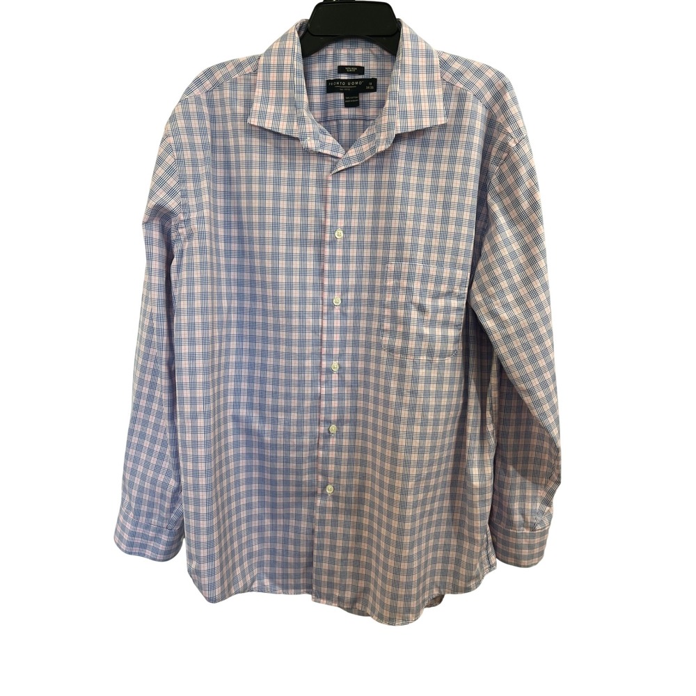 Pronto Uomo Mens Slim Fit Non-Iron Plaid Dress Shirt Blue Pink 18 34/35 Cotton
